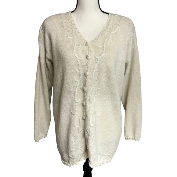 Cervelle Sweater Medium Cute Off White 90s Vintage V-Neck Cardigan Grandma Cozy - Picture 1 of 10